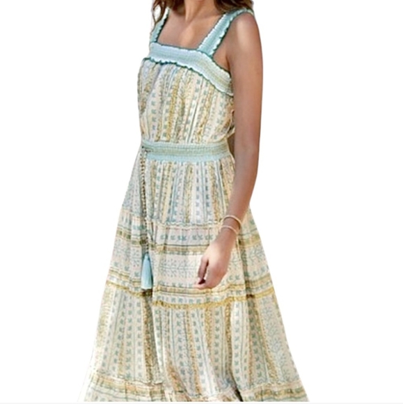 Soft Surroundings Maxi Boho Peasant Dress Teal Cream Size Small - Picture 9 of 9